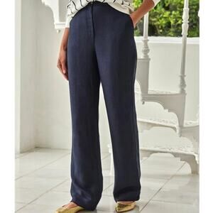 LINDA ALLARD x ELLEN TRACY | Navy Blue Wide Leg Trousers 100% Linen Pants | 10